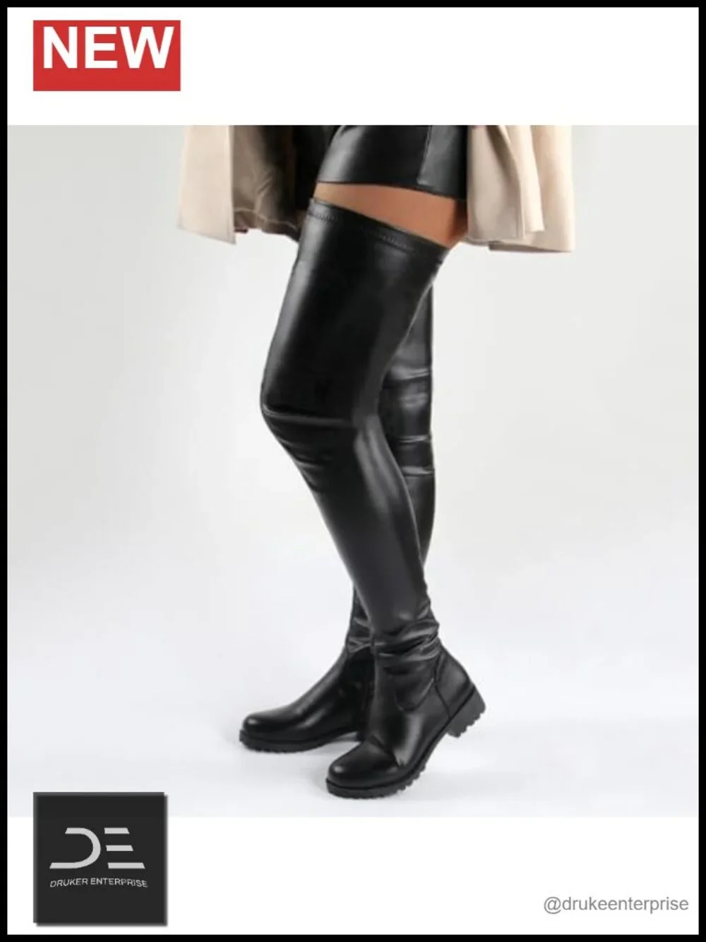 Over the Knee Boots Round Toe Low Chunky Heel Faux Leather Stretch